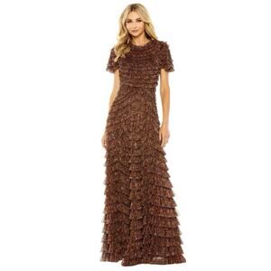 Mac Duggal 8042 Brown Ruffle Tiered High Neck Dress Size 6 $598